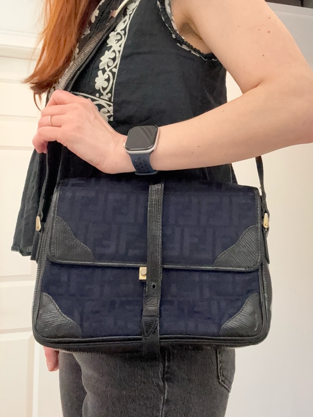 Fendi Vintage circa 90s Navy Blue Canvas Shoulder Bag with Black Leather Trim - Picture 2 of 16